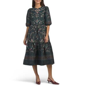 MARCHESA Gunmetal Midi A Line Tiered Dress